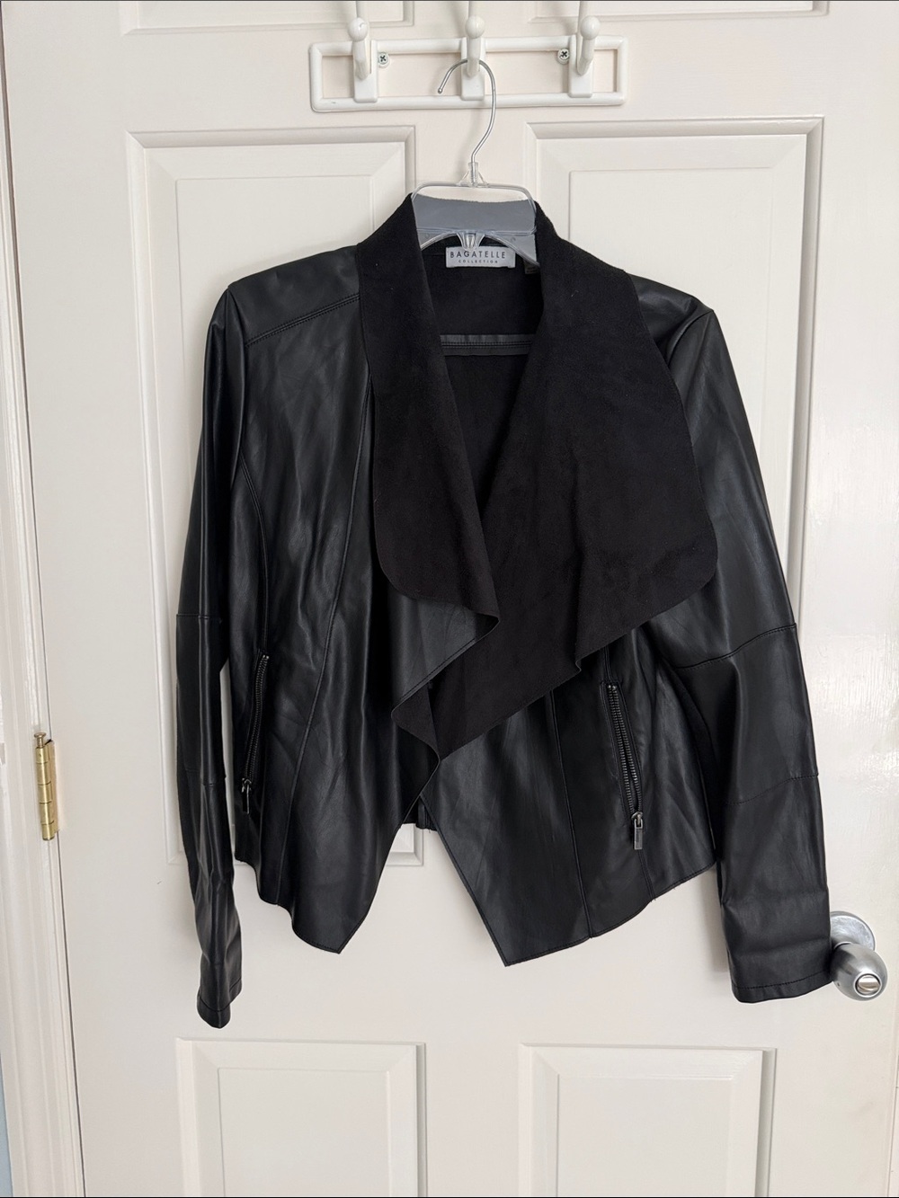 Bagatelle Black Draped Front Leather Jacket, faux leather, M